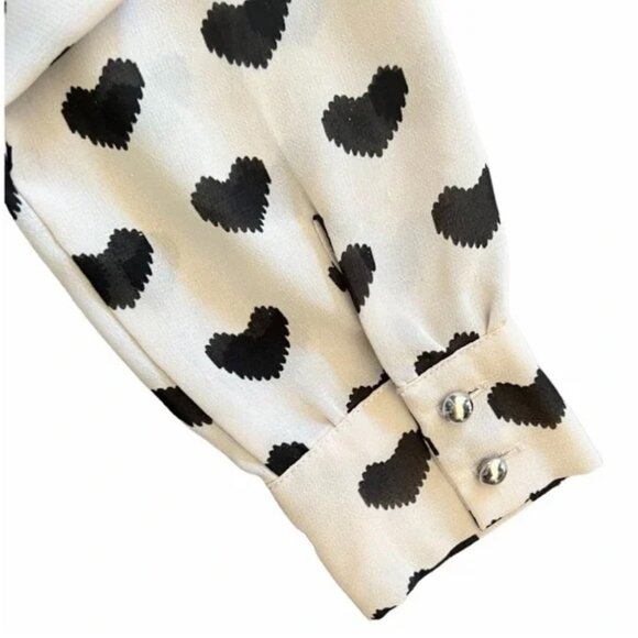 H&M Long Sleeve Cream Blouse with Black Hearts Size 2 - Picture 3 of 4